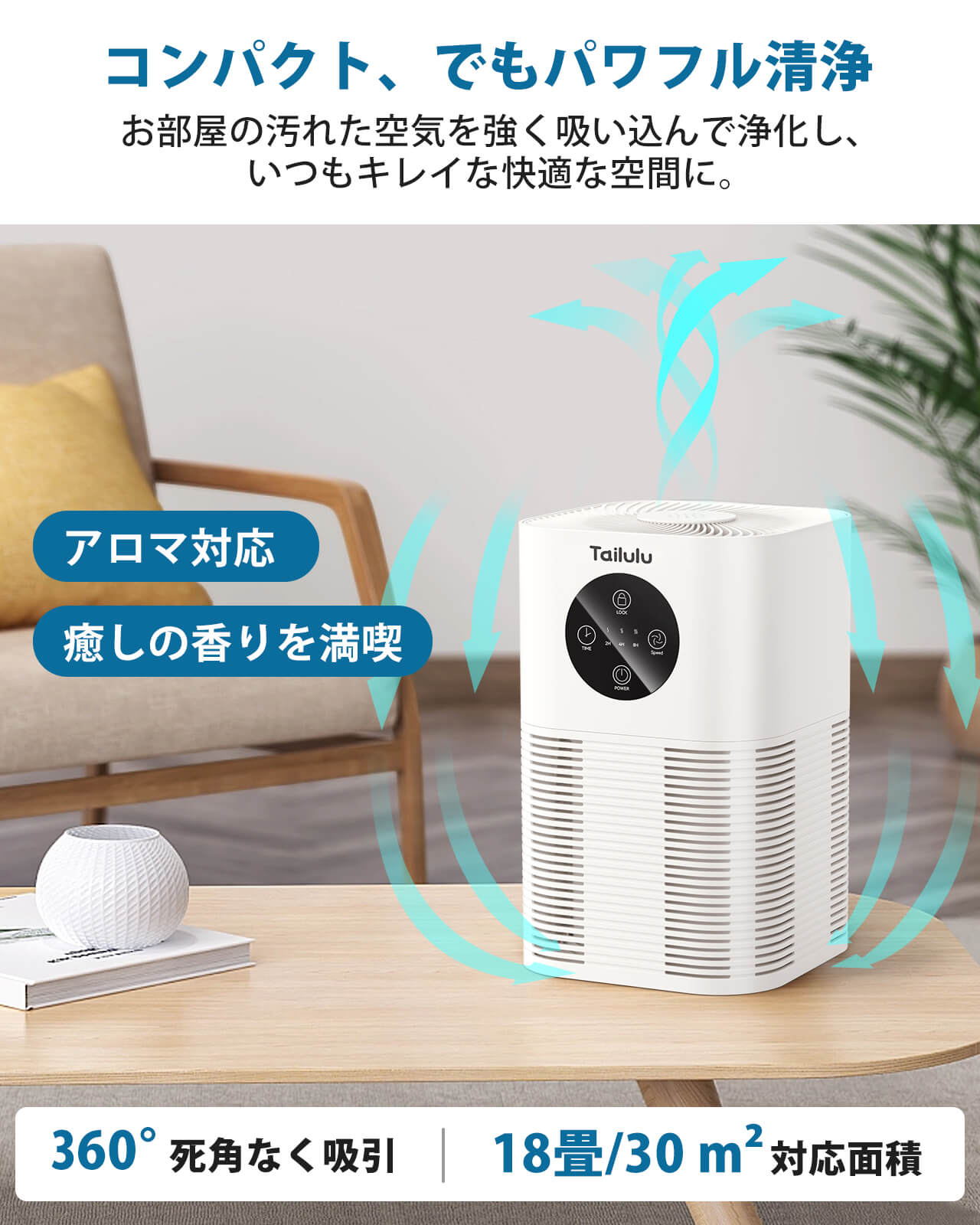 小型空気清浄機 卓上 18畳 空気洗浄機 アロマ対応 1台多役 空気清浄器 脱臭 集じん 除菌 静音 HEPAフィルター 加湿なし PM2.5対応