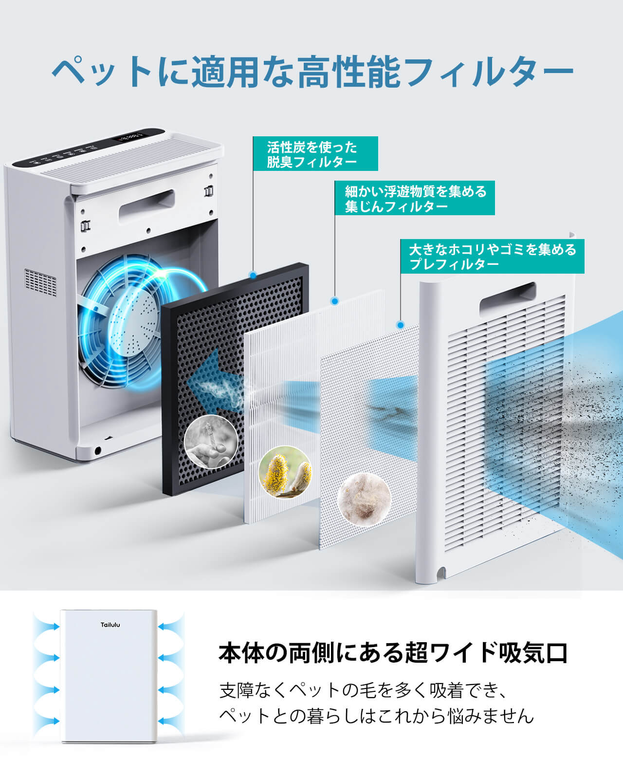 PM2.5自動検知　高性能　空気清浄機　JP　静音　脱臭　50畳対応　空気清浄器　集じん　パワフル　HEPAフィルター　空気洗浄機　–　Tailulu　除菌　3段階風