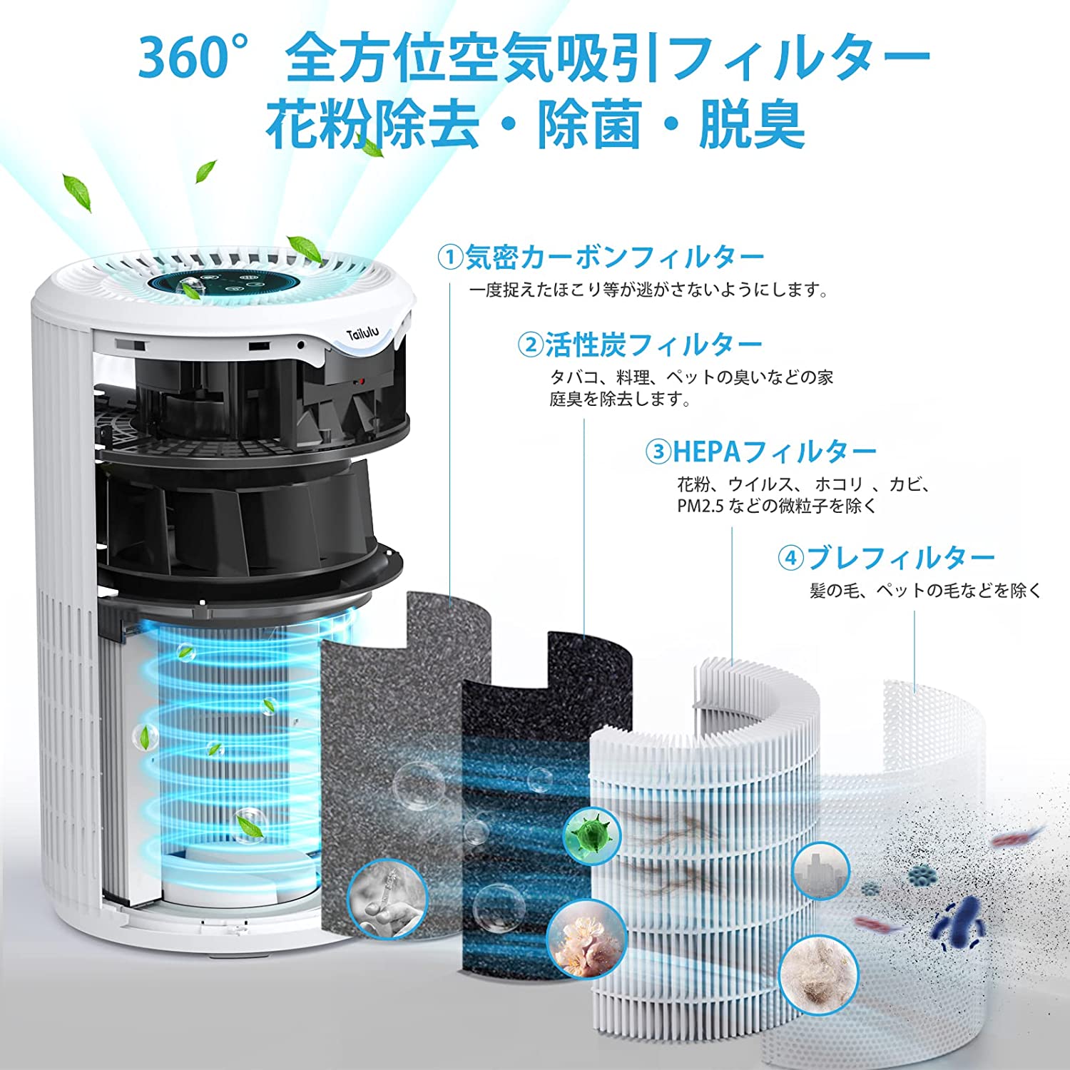 パワフル✨空気清浄器 360° 高性能フィルター アプリ タイマー 花粉 臭い-